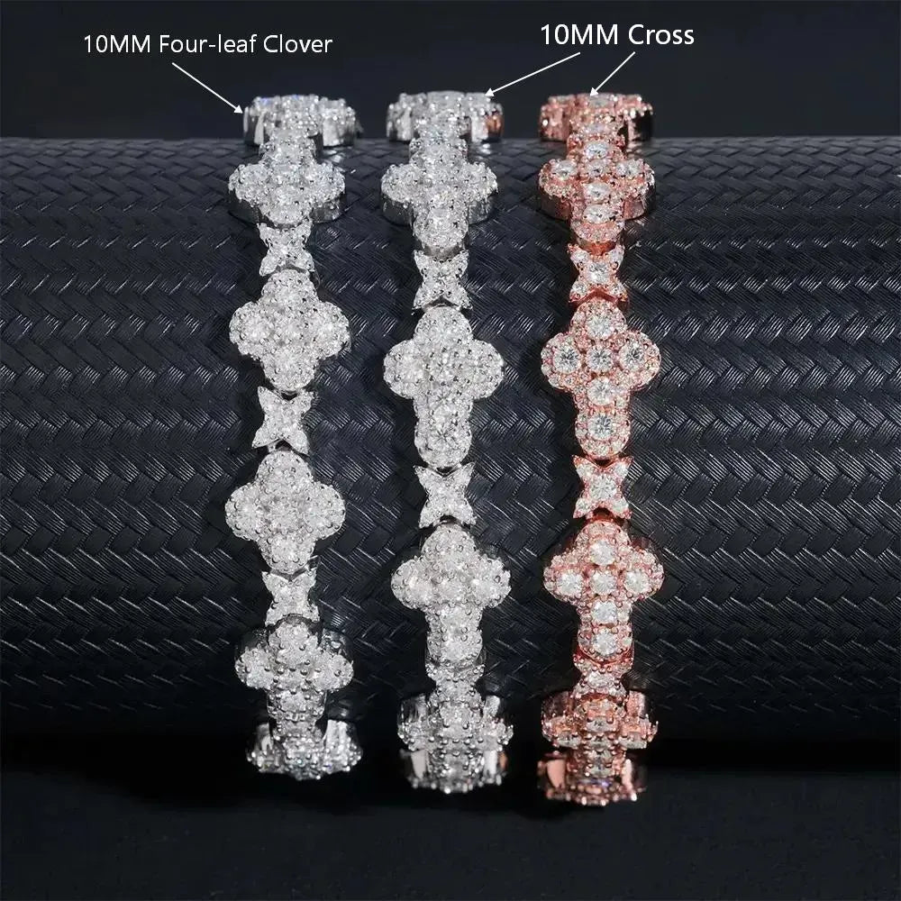 10MM 13MM S925 Silver Iced Out Clover VVS Moissanite Diamond Cuban Chain Bracelet Secondary image