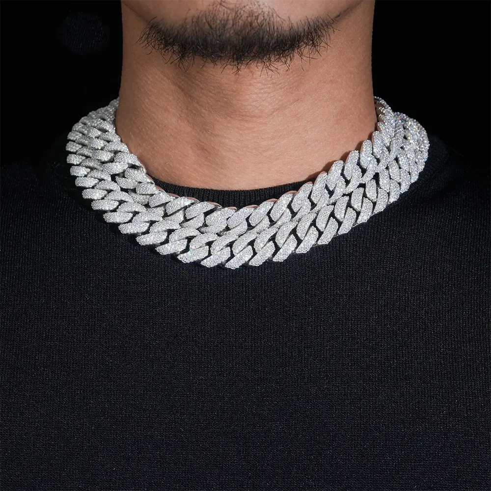Double-layer iced out Cuban link chain necklace with rhinestones on black shirt Main image