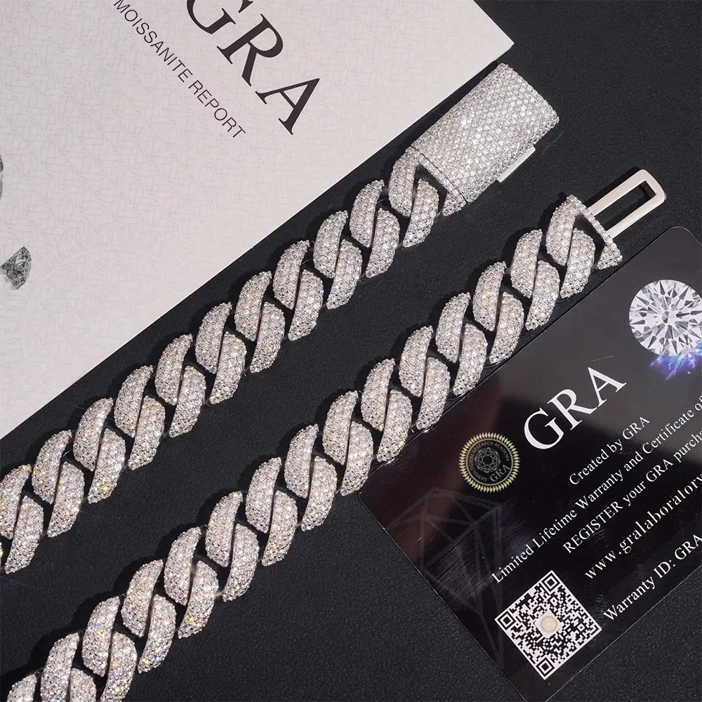 Iced out Cuban link chain bracelet with sparkling stones and moissanite certificate cards