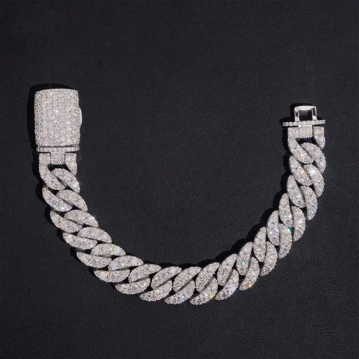 15MM Moon Shape Solid 925 Silver VVS Moissanite Cuban Chain Bracelet