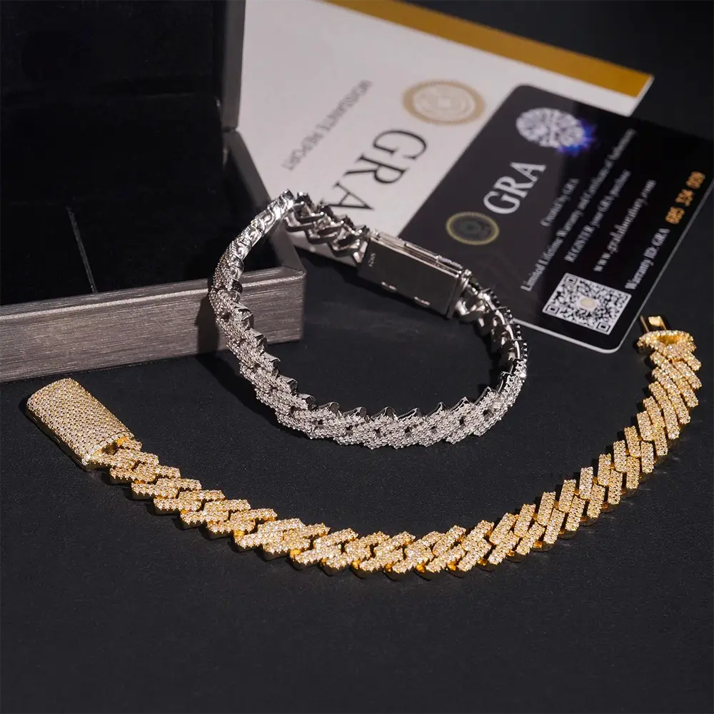 GL 10mm 2Rows Hip Hop Iced Out  Moissanite Cuban Link Bracelet Necklace