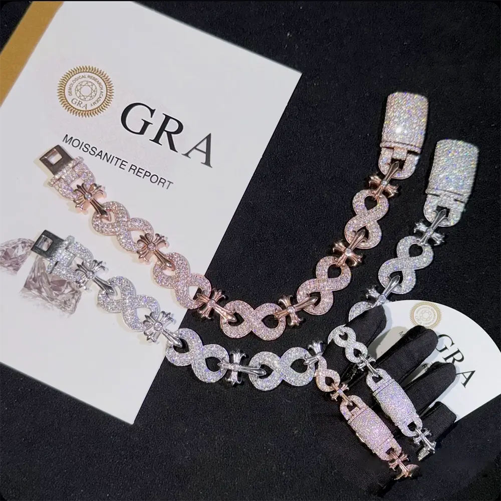 13MM S925 Silver Infinity Cross VVS Moissanite Cuban Link Chain Bracelet