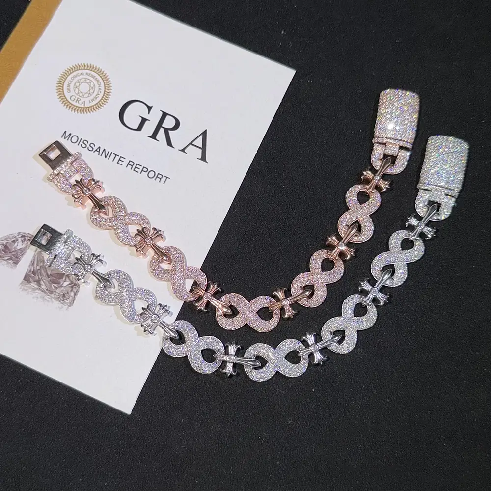 13MM S925 Silver Infinity Cross VVS Moissanite Cuban Link Chain Bracelet