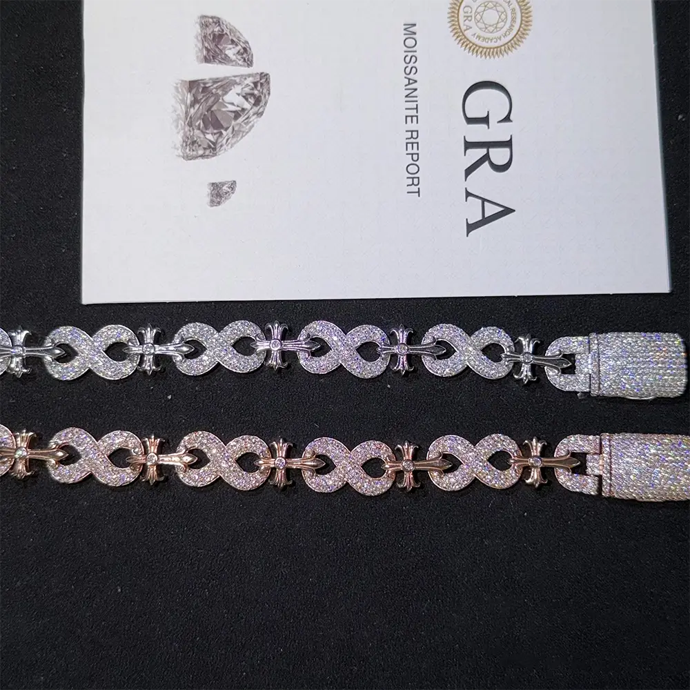 13MM S925 Silver Infinity Cross VVS Moissanite Cuban Link Chain Bracelet