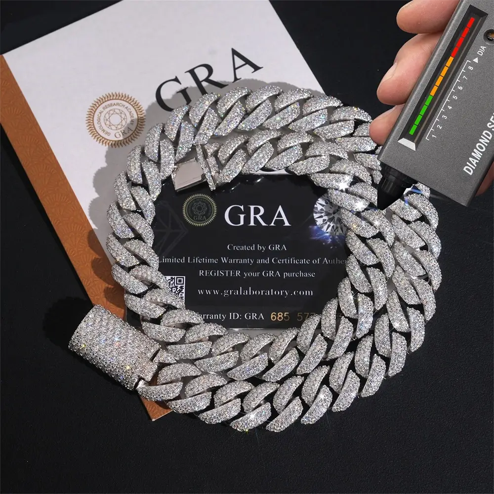 2026 New 16MM S925 Silver 3 Rows VVS Moissanite Edge/Miami Cuban Chain