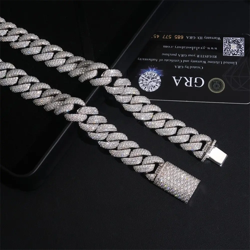 2026 New 16MM S925 Silver 3 Rows VVS Moissanite Edge/Miami Cuban Chain
