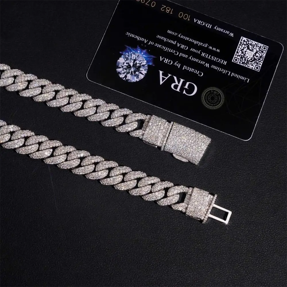 2026 New 12MM S925 Silver Raise Stone VVS Moissanite Miami Cuban Chain Necklace