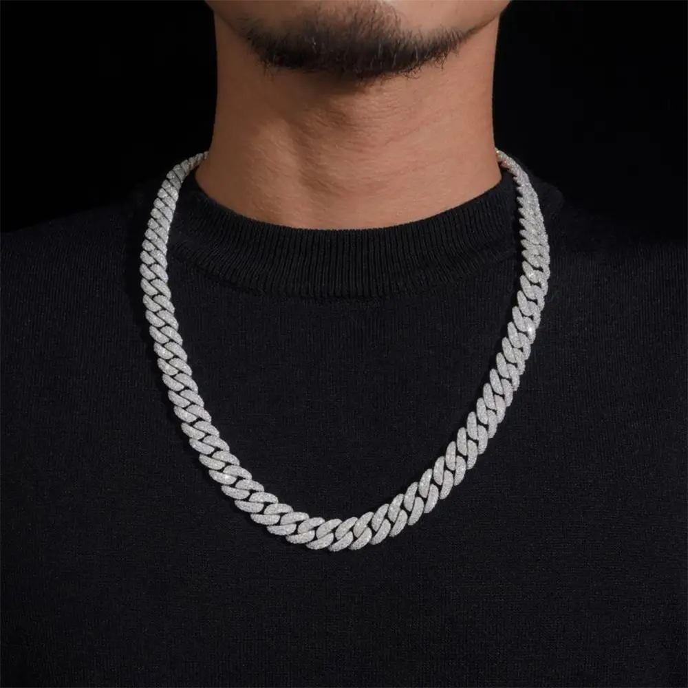 2026 New 12MM S925 Silver Raise Stone VVS Moissanite Miami Cuban Chain Necklace