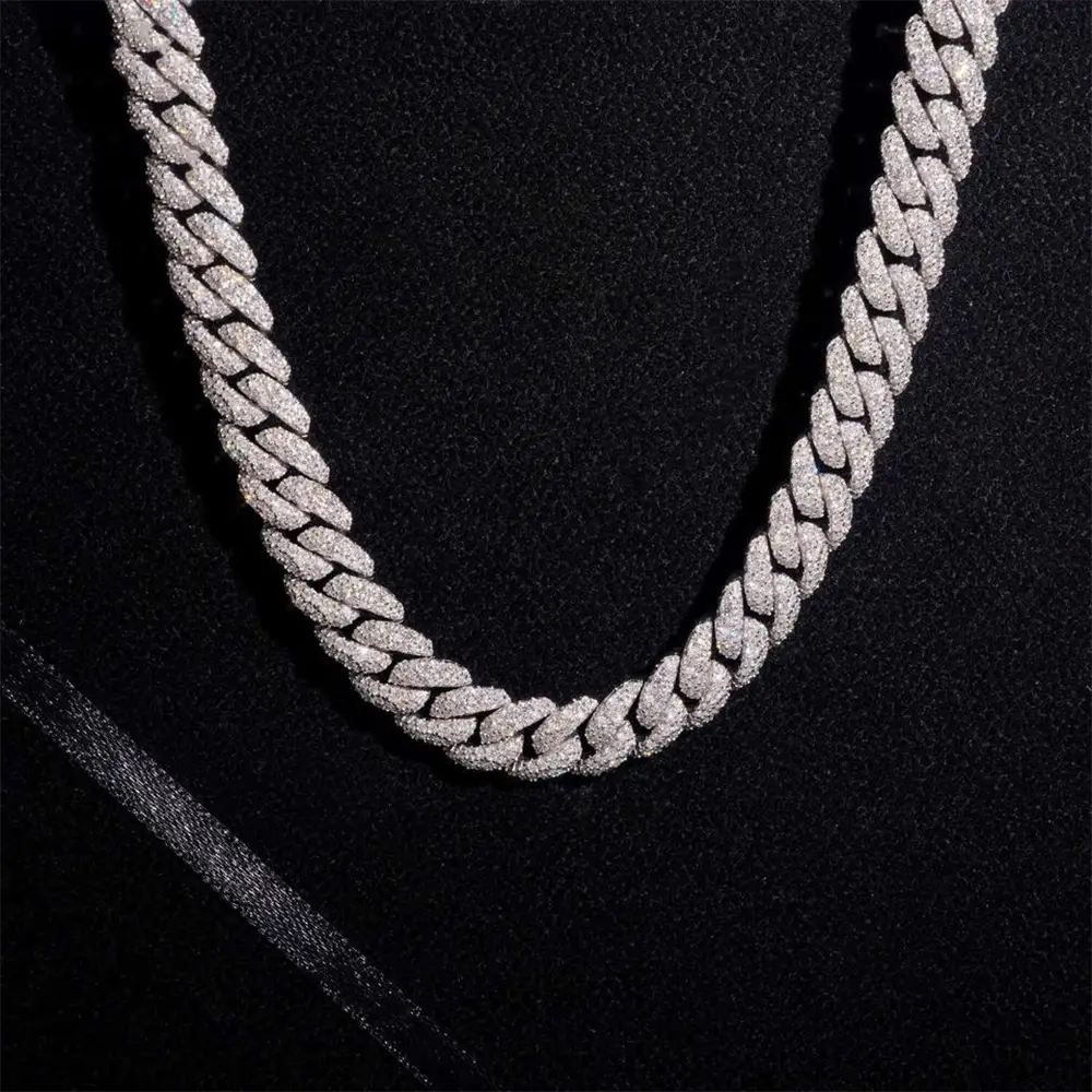 2026 New 12MM S925 Silver Raise Stone VVS Moissanite Miami Cuban Chain Necklace