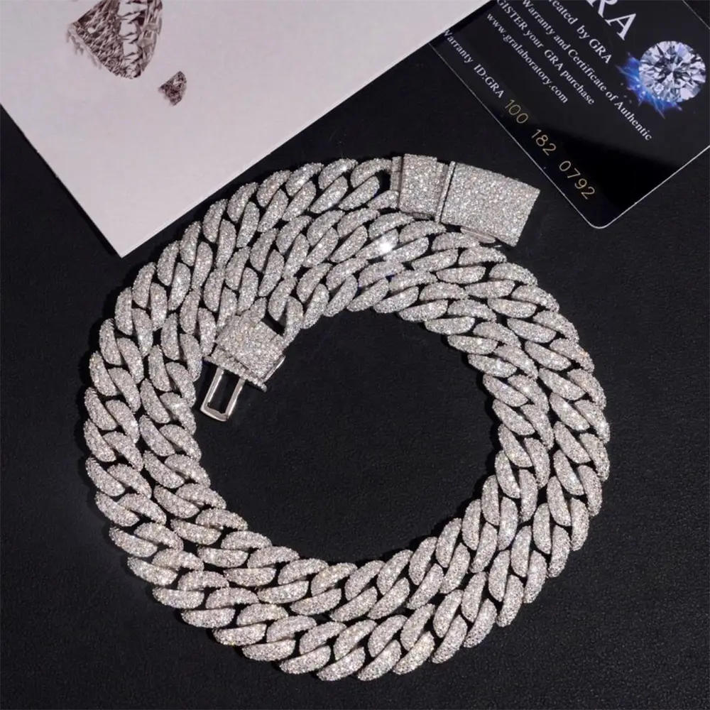 2026 New 12MM S925 Silver Raise Stone VVS Moissanite Miami Cuban Chain Necklace