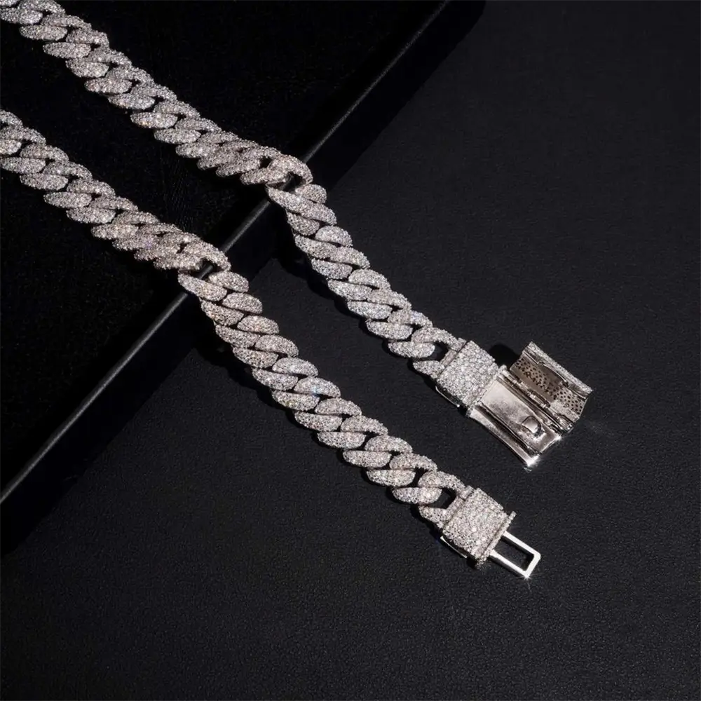 2026 New 12MM S925 Silver Raise Stone VVS Moissanite Miami Cuban Chain Necklace