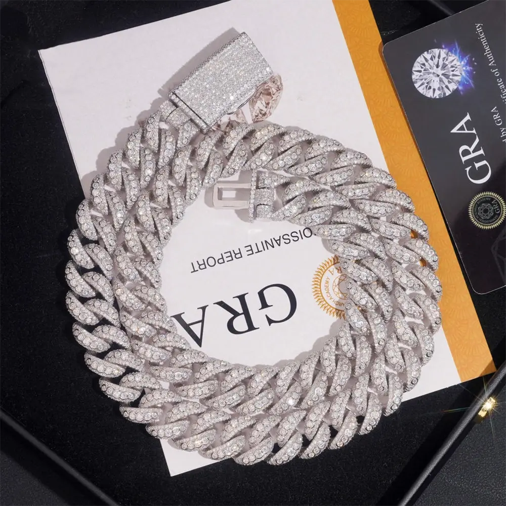 2026 New Raise Stone Bezel Setting S925 Silver  VVS Moissanite Cuban Chain Necklace