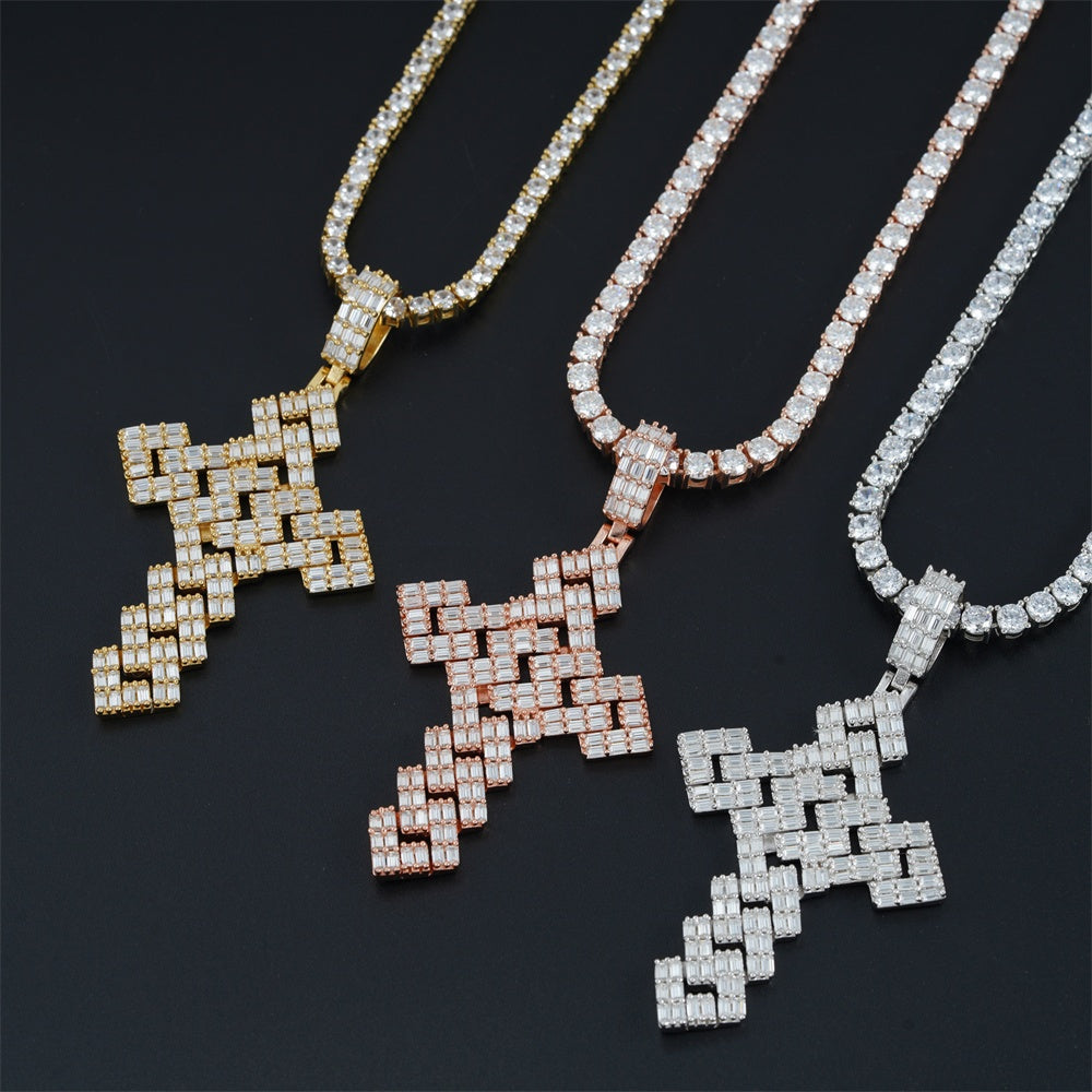 GL Full Baguette Diamond Cube Chian Style Hip Hop Custom Cross Pendant