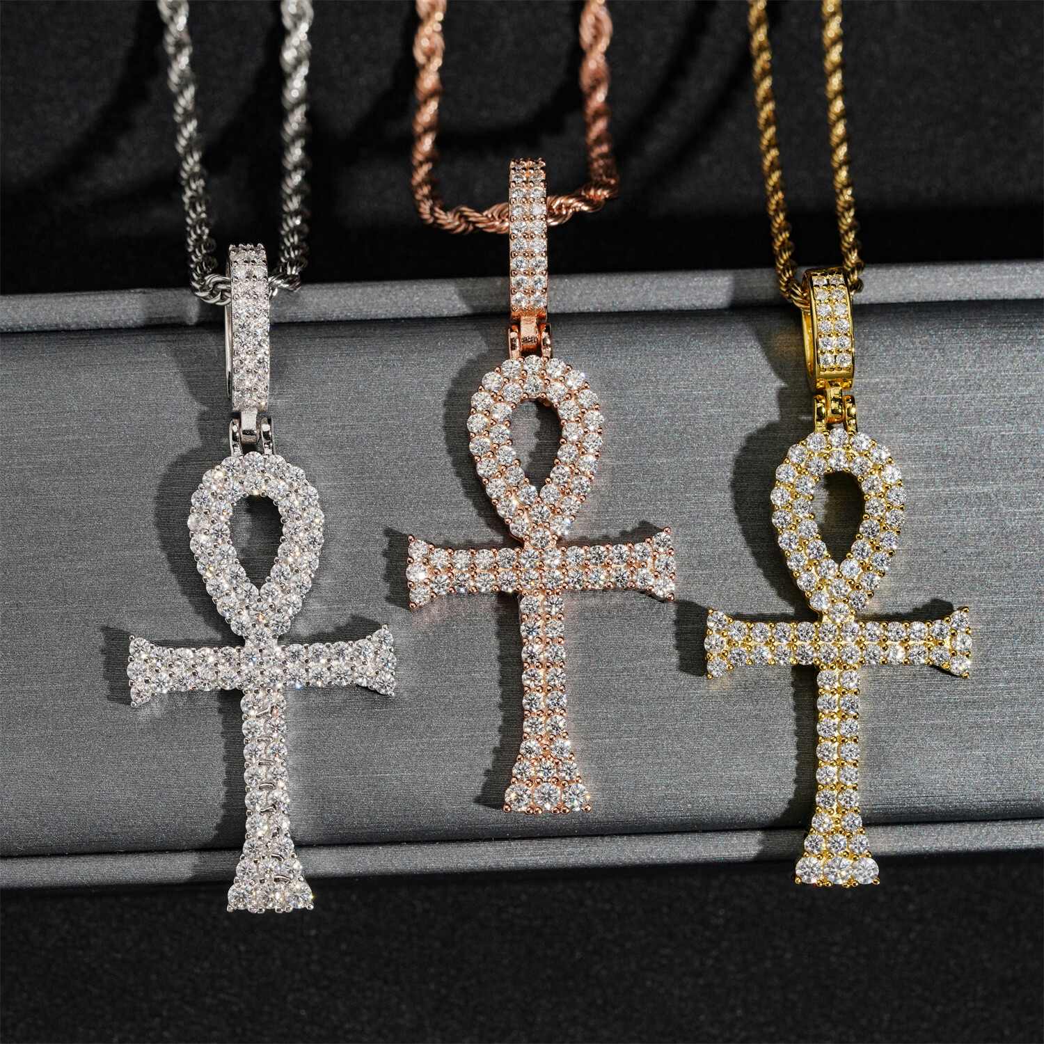 GL Ankh Cross Silver Duoble Rows Moissanite Pendant