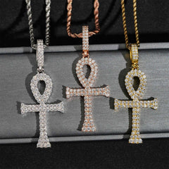 GL Ankh Cross Silver Duoble Rows Moissanite Pendant