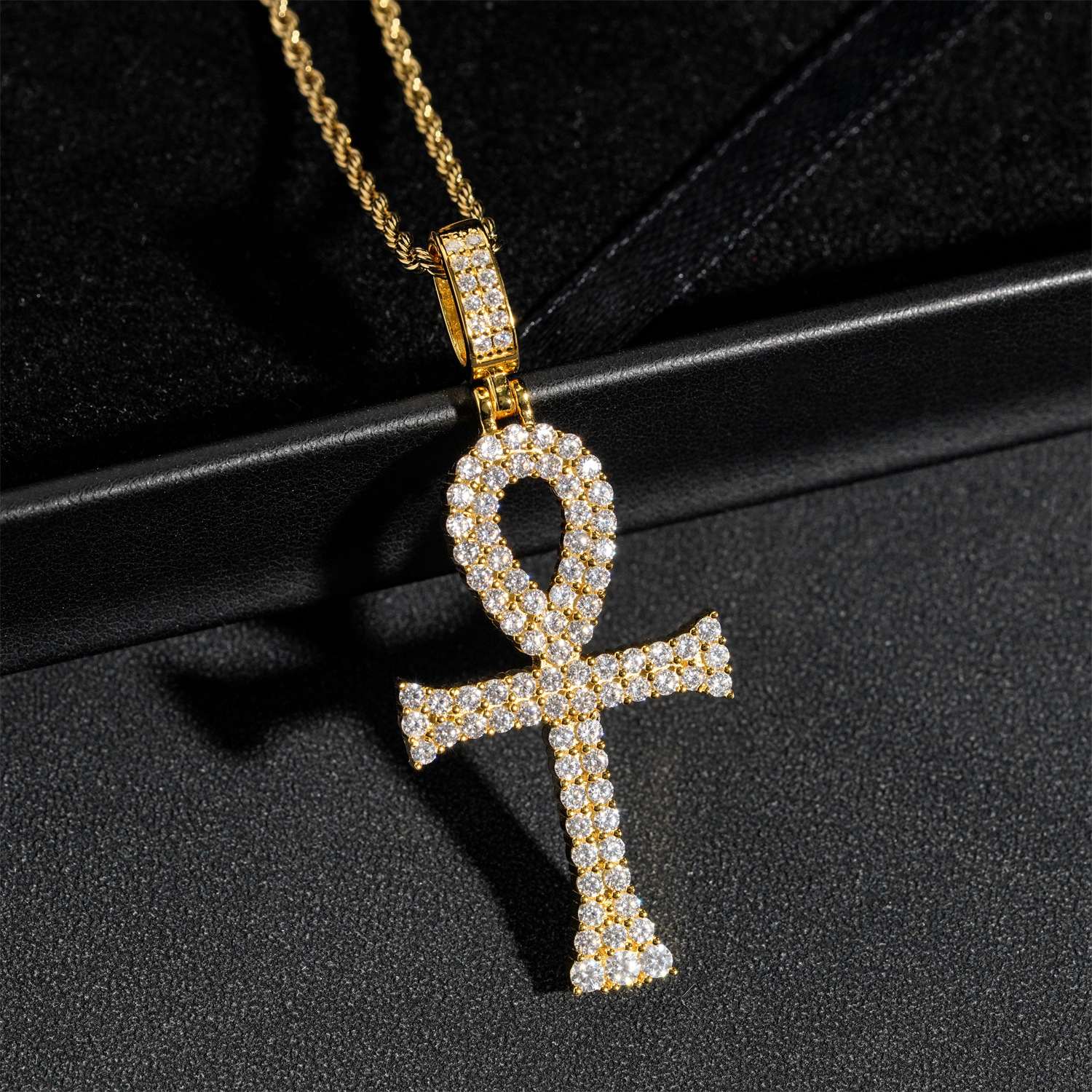 GL Ankh Cross Silver Duoble Rows Moissanite Pendant