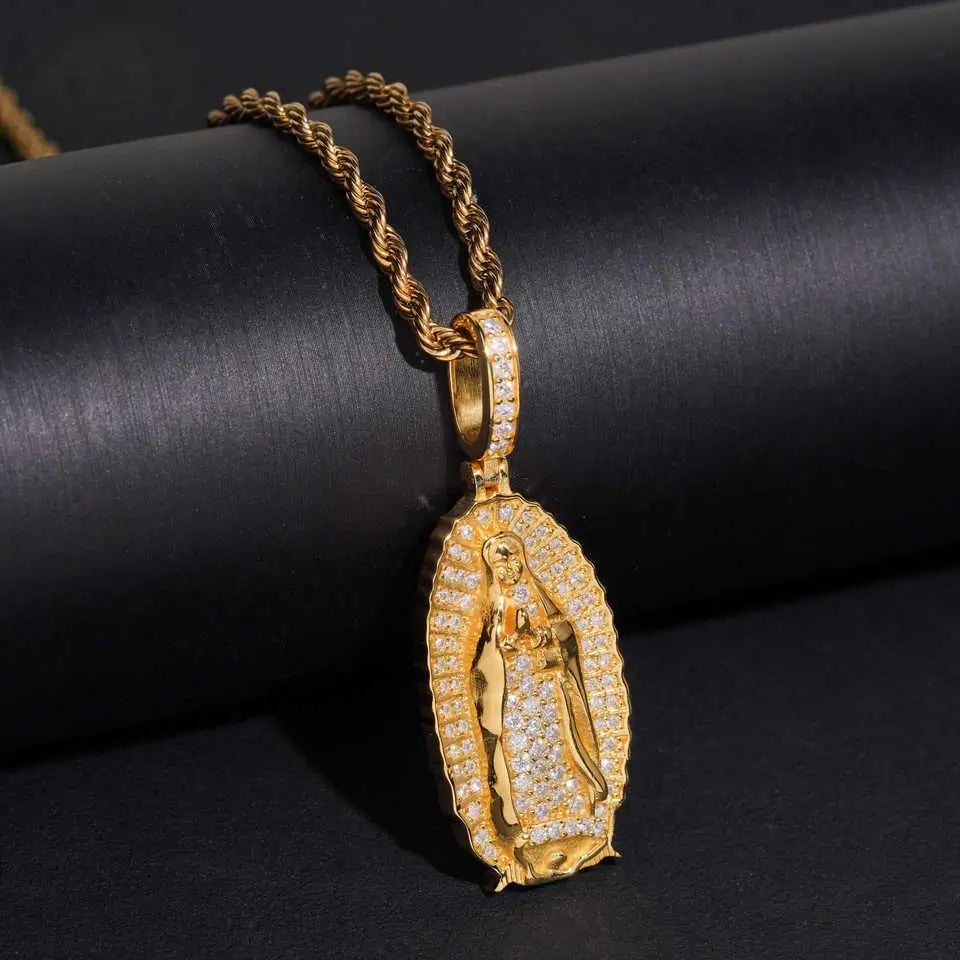 VVS Moissanite Halo Virgin Mary Pendant S925 Silver Guadalupe Jewelry