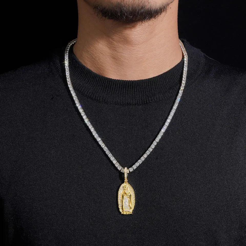 VVS Moissanite Halo Virgin Mary Pendant S925 Silver Guadalupe Jewelry