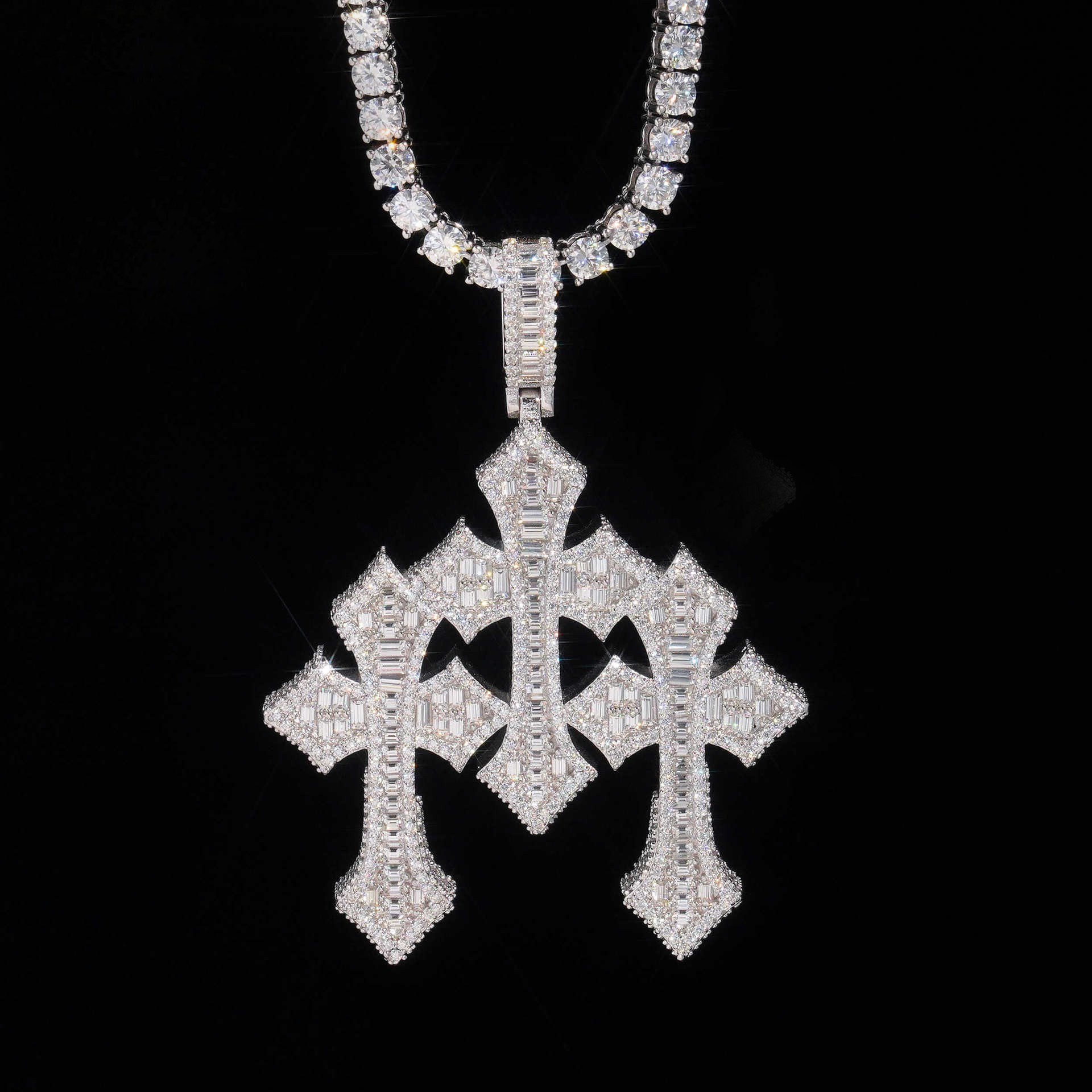 GL Triple Cross Hip Hop Silver Baguette Moissanite Pendant
