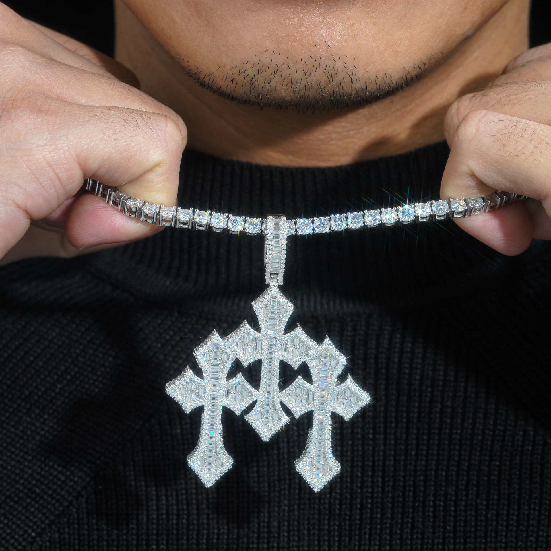GL Triple Cross Hip Hop Silver Baguette Moissanite Pendant