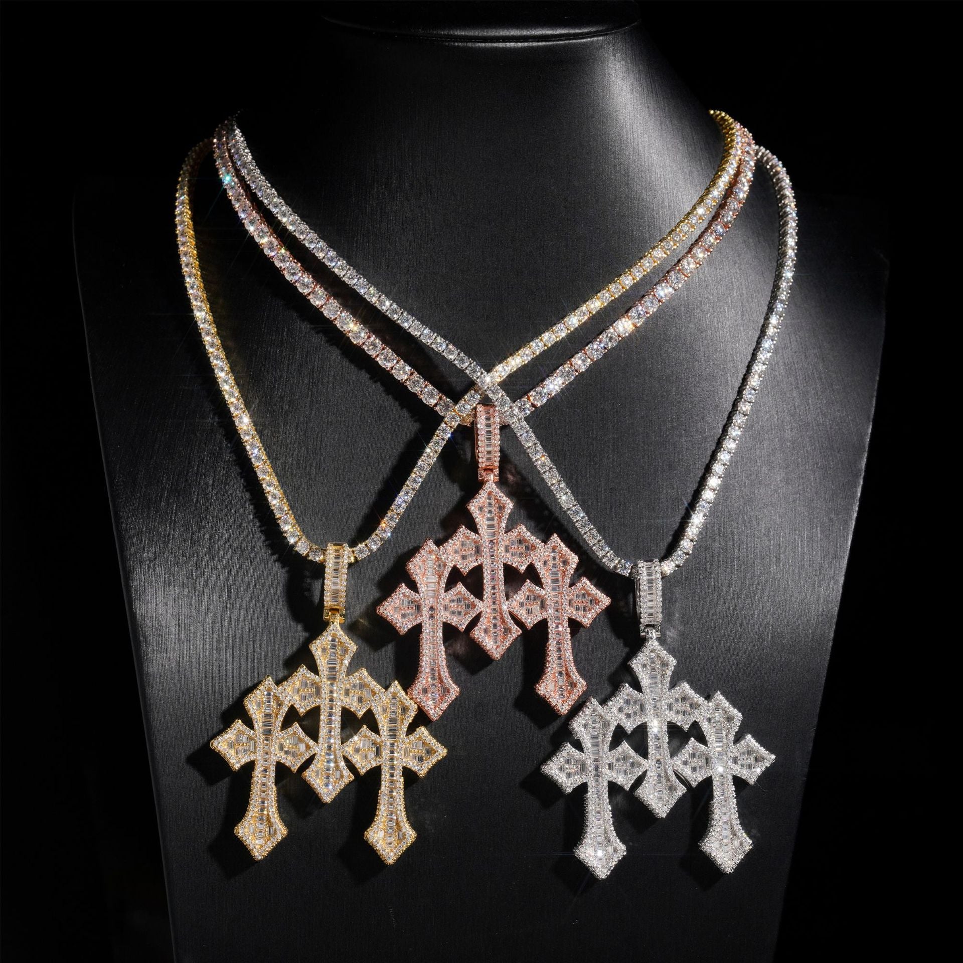 GL Triple Cross Hip Hop Silver Baguette Moissanite Pendant
