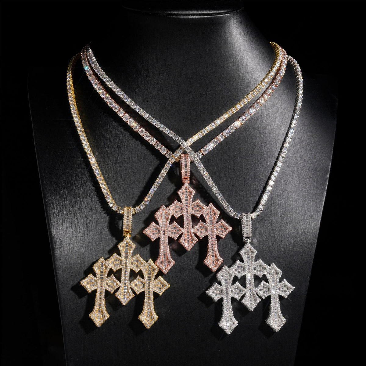 GL Triple Cross Hip Hop Silver Baguette 5A+ Diamond Pendant