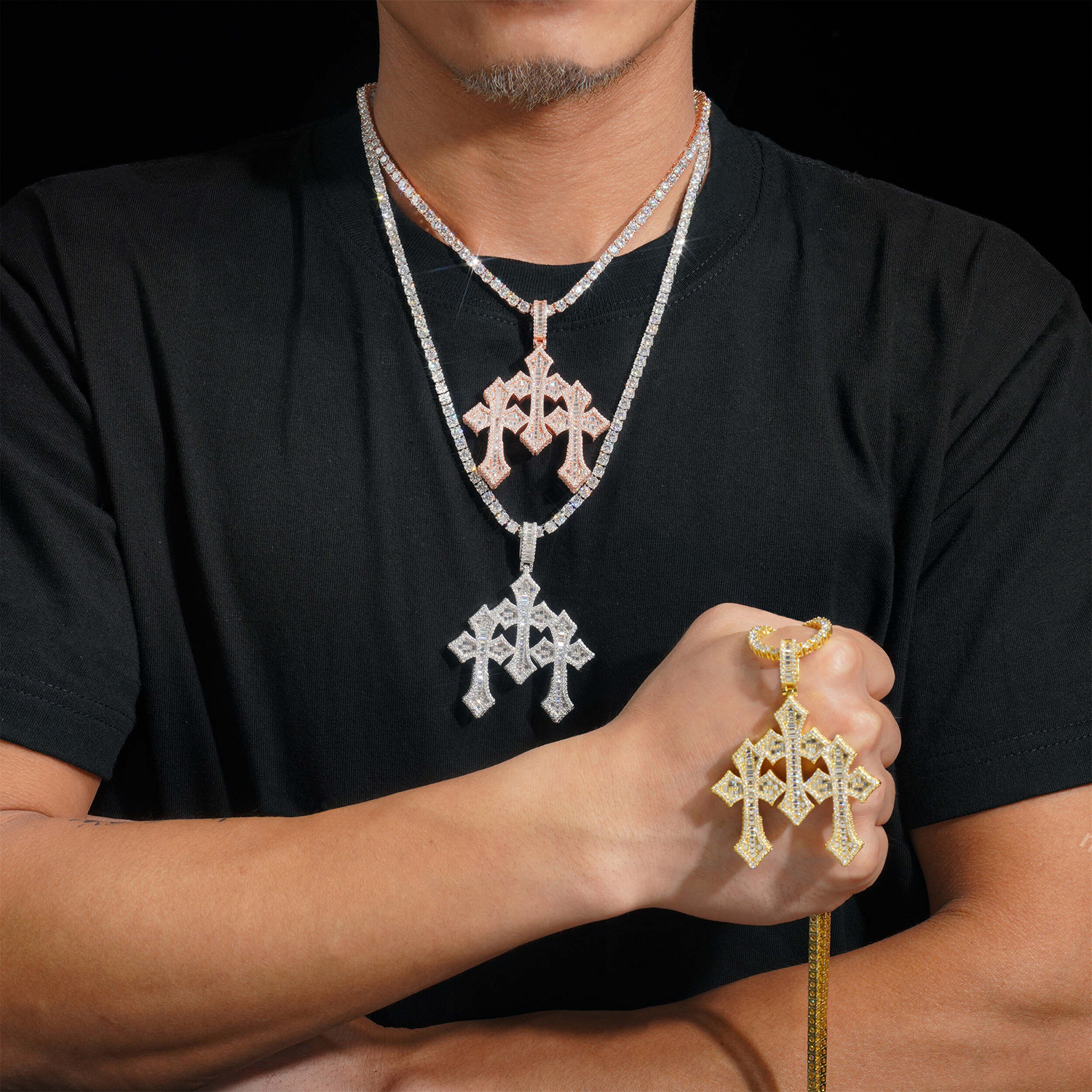 GL Triple Cross Hip Hop Silver Baguette Moissanite Pendant Main image