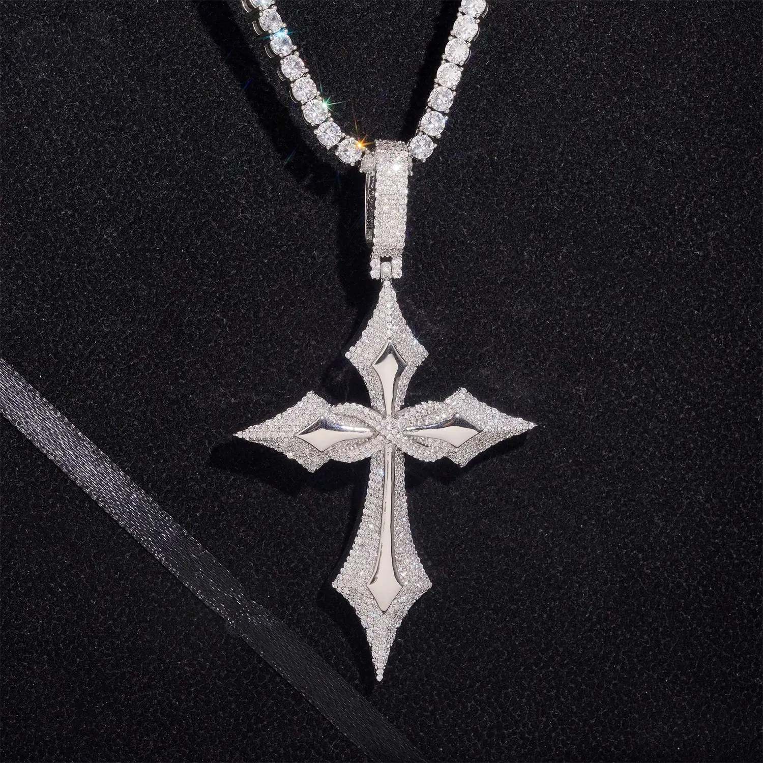 Iced Gothic VVS Moissanite Cross Pendant 925 Silver