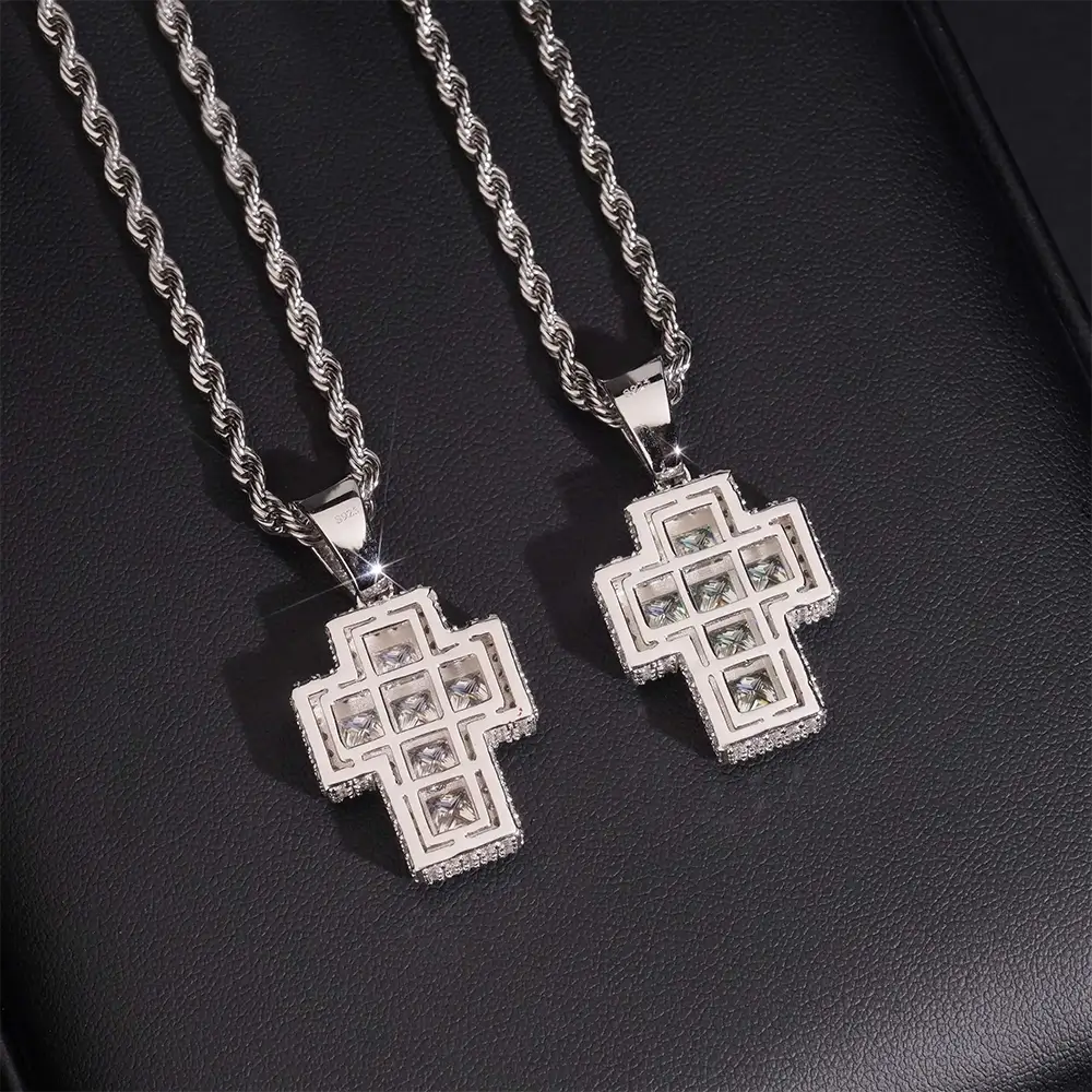 Iced Out  Princess Cut Moissanite Cross Pendant Necklace