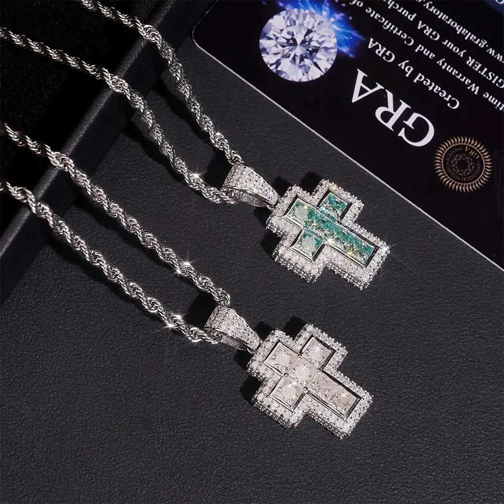 Iced Out  Princess Cut Moissanite Cross Pendant Necklace