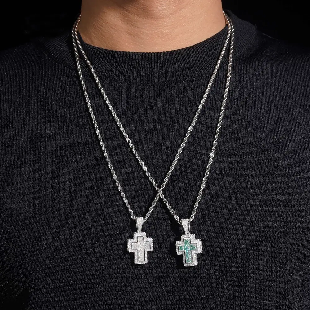 Iced Out  Princess Cut Moissanite Cross Pendant Necklace