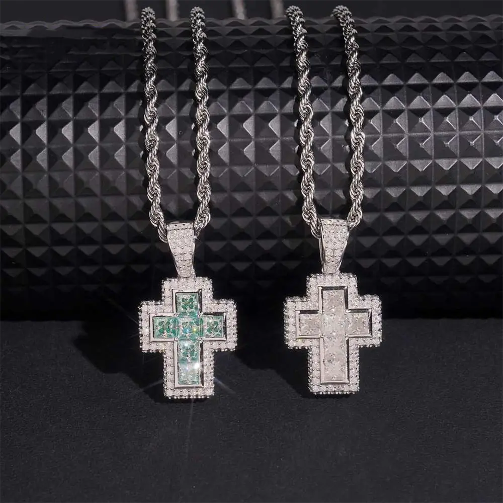 Iced Out  Princess Cut Moissanite Cross Pendant Necklace