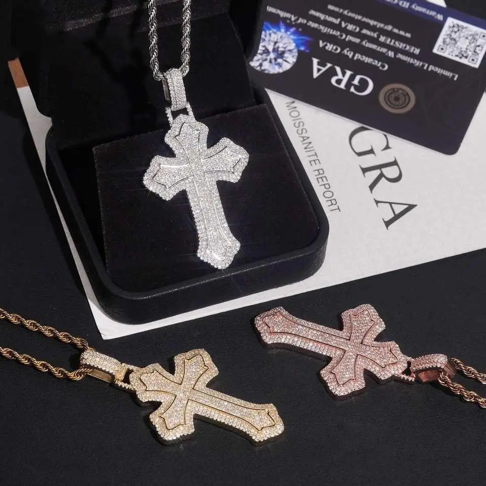 Iced Out VVS Moissanite Diamond Cross Pendant  925 Silver