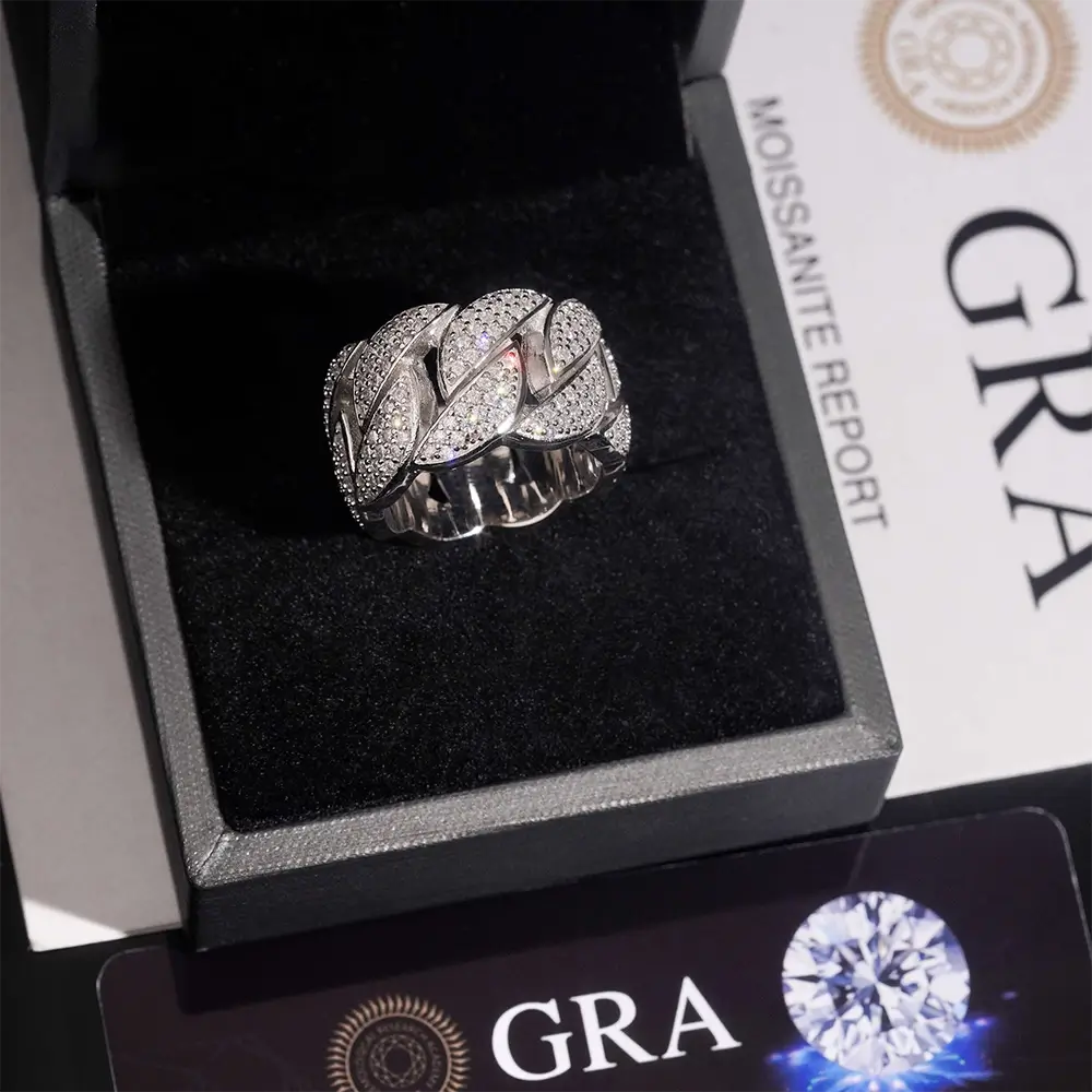 GL 3-Row Cuban Link Ring Vvs Moissanite Hip Hop Ring