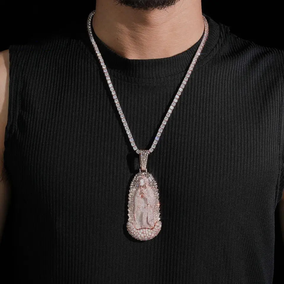 VVS Moissanite Virgin Mary Pendant S925 Silver Guadalupe Jewelry