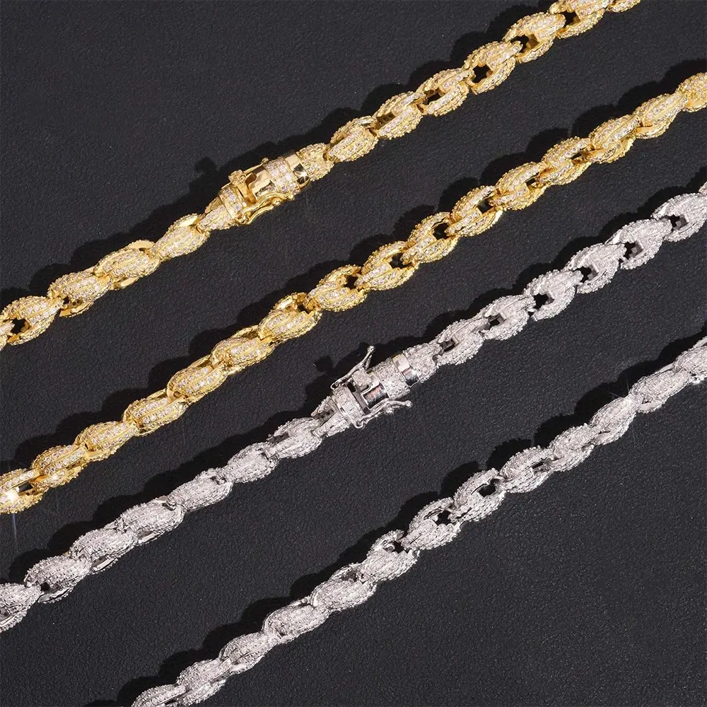 7.5MM S925 Silver Fully Iced Out Twist VVS Moissanite Rope Cuban Chain