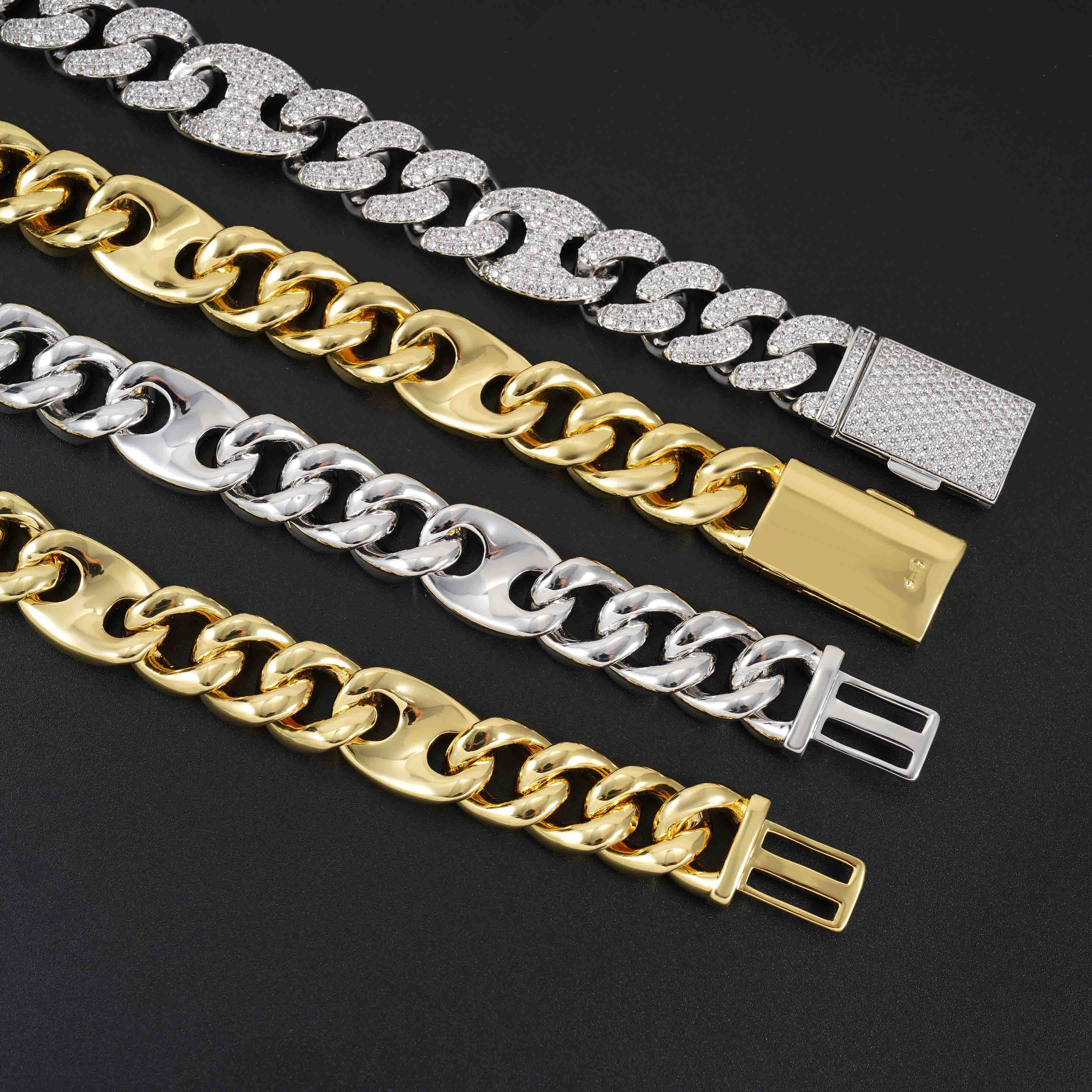 GL 15MM Miami Cuban Link Chain Iced Out G-link In 16K Glod Plated