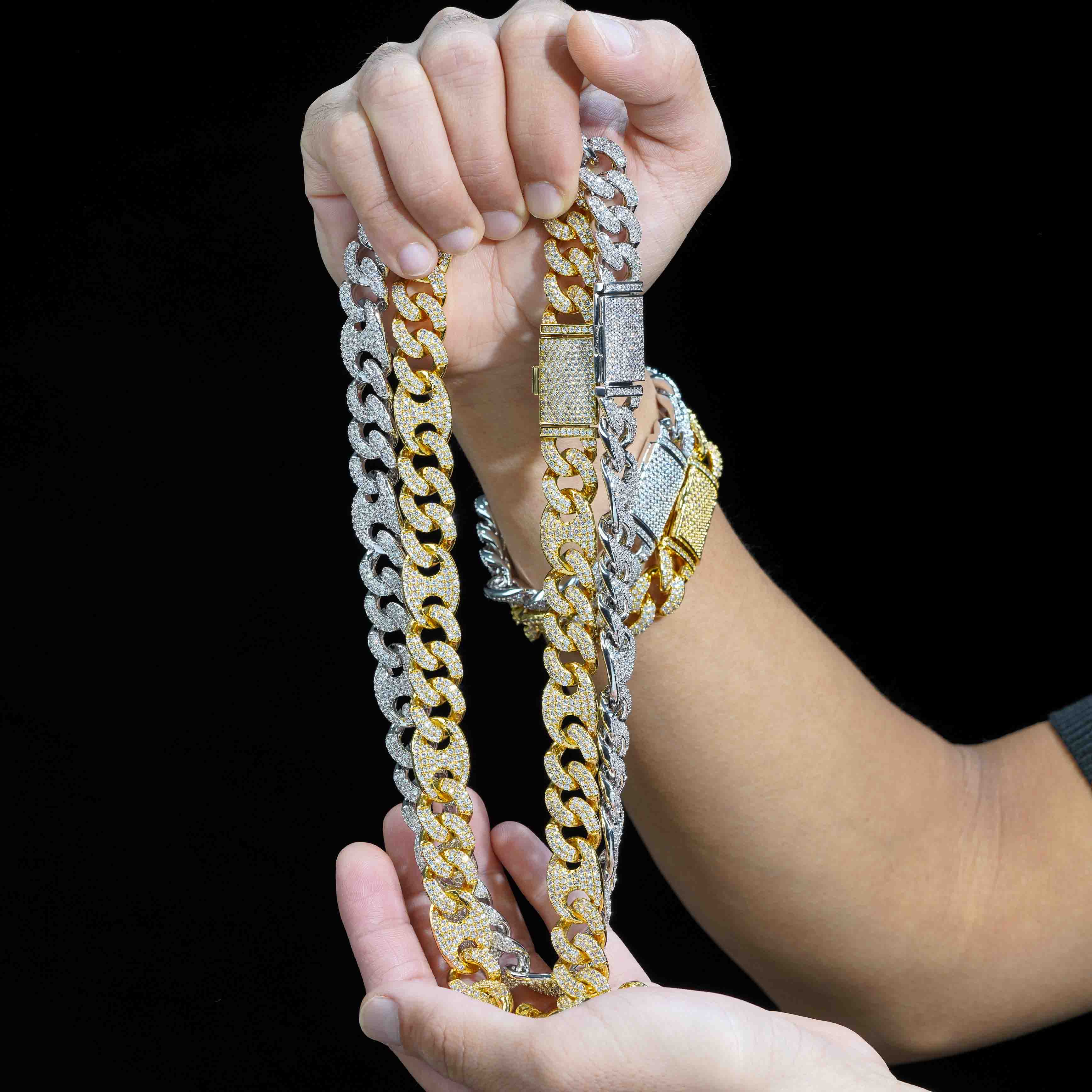 GL 15MM Miami Cuban Link Chain Iced Out G-link In 16K Glod Plated