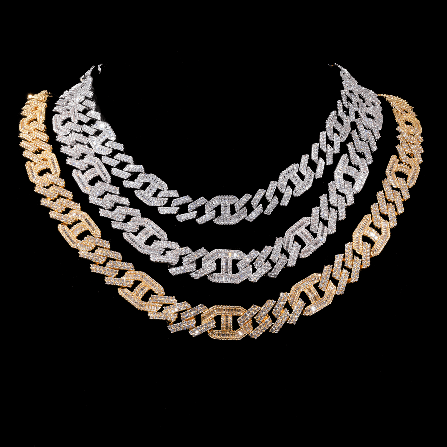 GL 16mm Prong Baguette Cuban Link Chain 5A+ Diamond 16k Gold Plated Main image