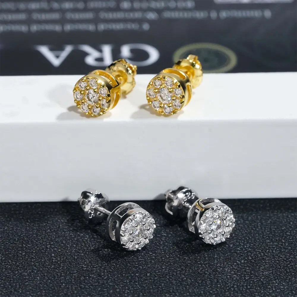 GL Hiphop Jewelry 925 Sterling Silver VVS Round Cut Moissanite Stud Earrings