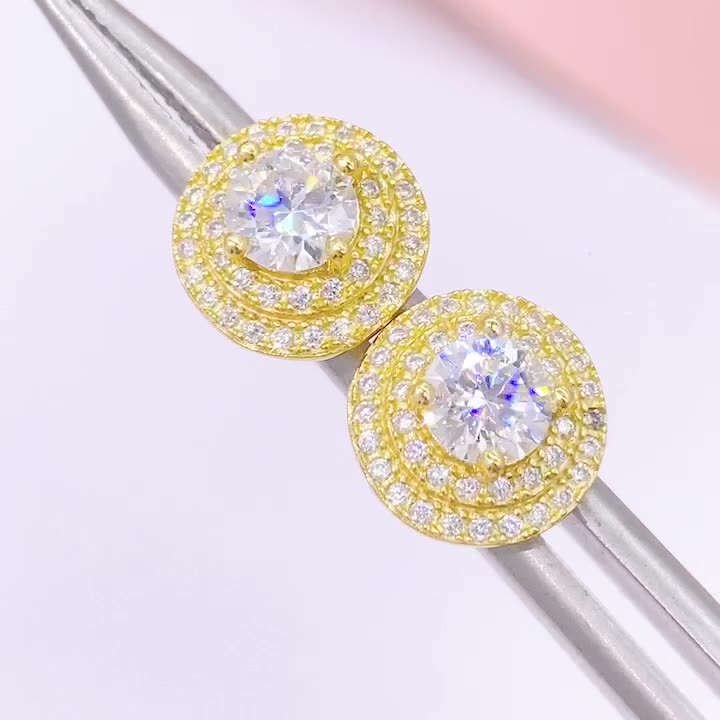 【US 3 Days Delivery】GL 10mm S925 Silver Full Moissanite lced Out Double Halo 16K Gold Plated S925 Silver Earrings