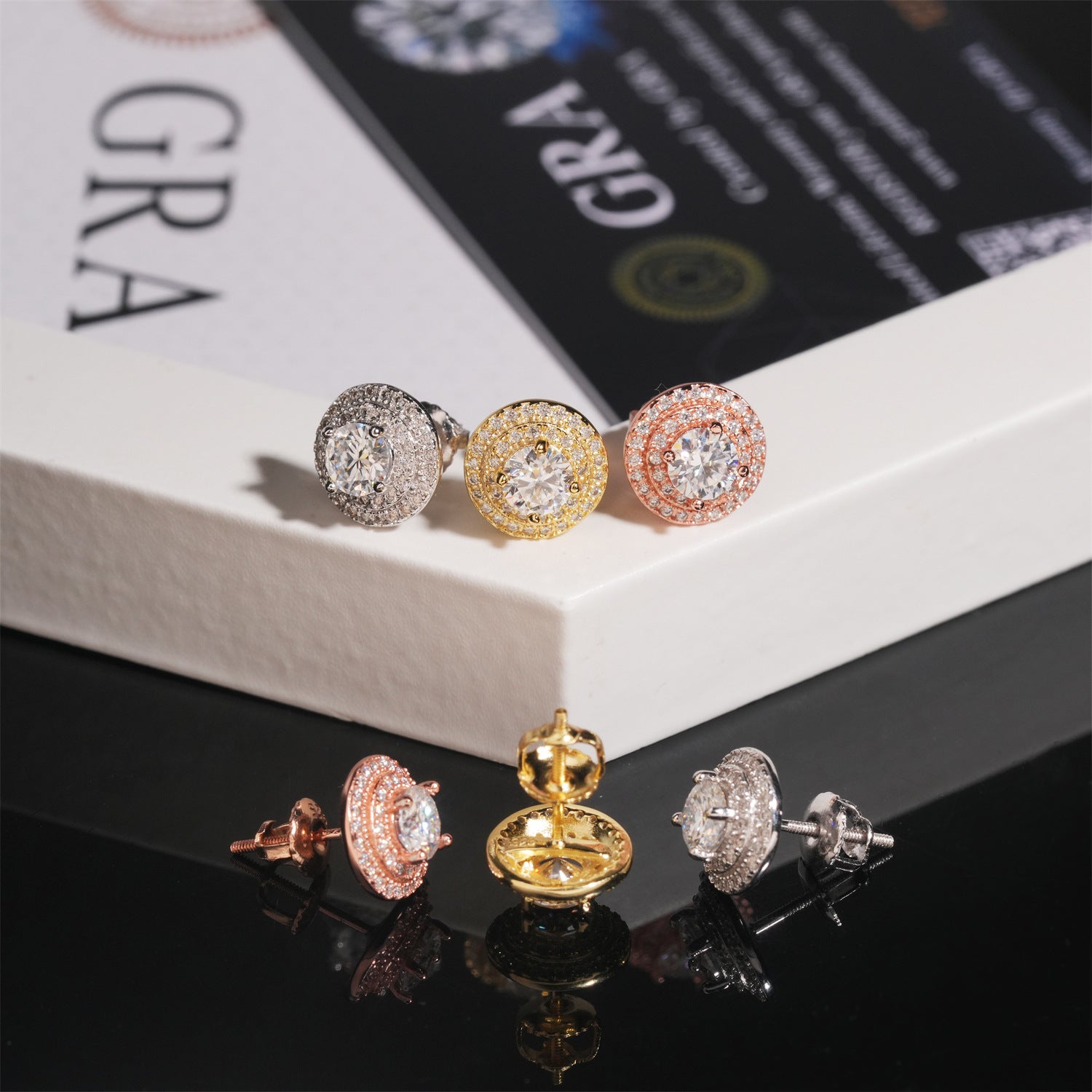 【US 3 Days Delivery】GL 10mm S925 Silver Full Moissanite lced Out Double Halo 16K Gold Plated S925 Silver Earrings