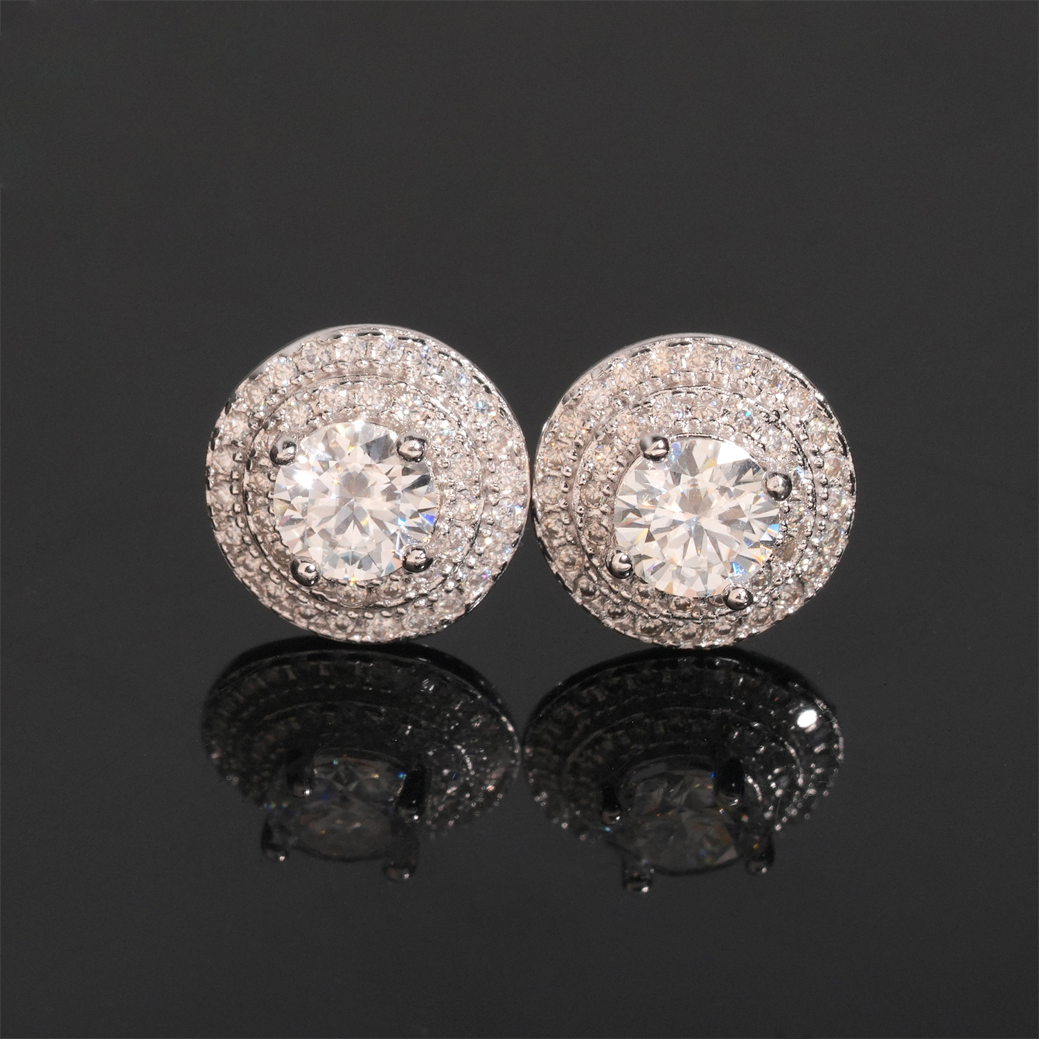 【US 3 Days Delivery】GL 10mm S925 Silver Full Moissanite lced Out Double Halo 16K Gold Plated S925 Silver Earrings