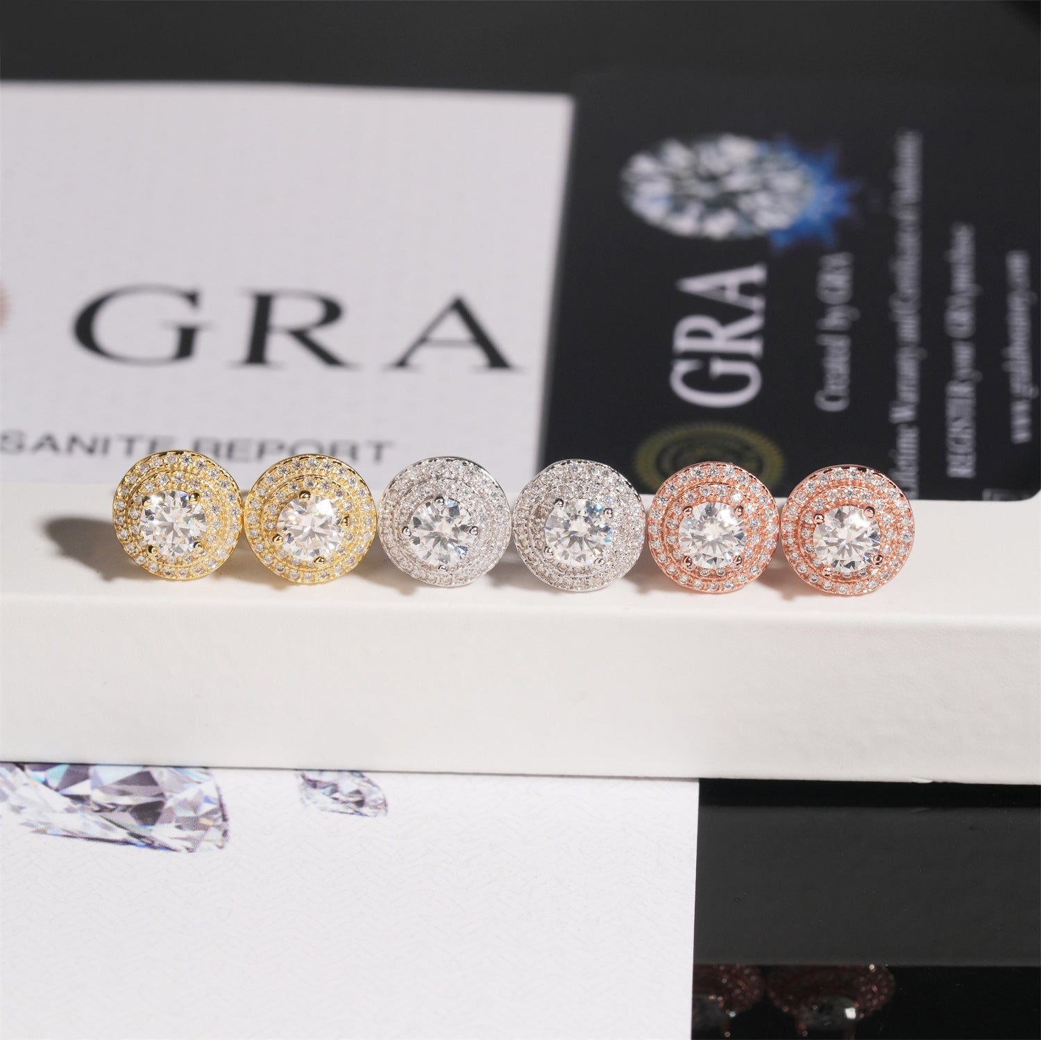 【US 3 Days Delivery】GL 10mm S925 Silver Full Moissanite lced Out Double Halo 16K Gold Plated S925 Silver Earrings