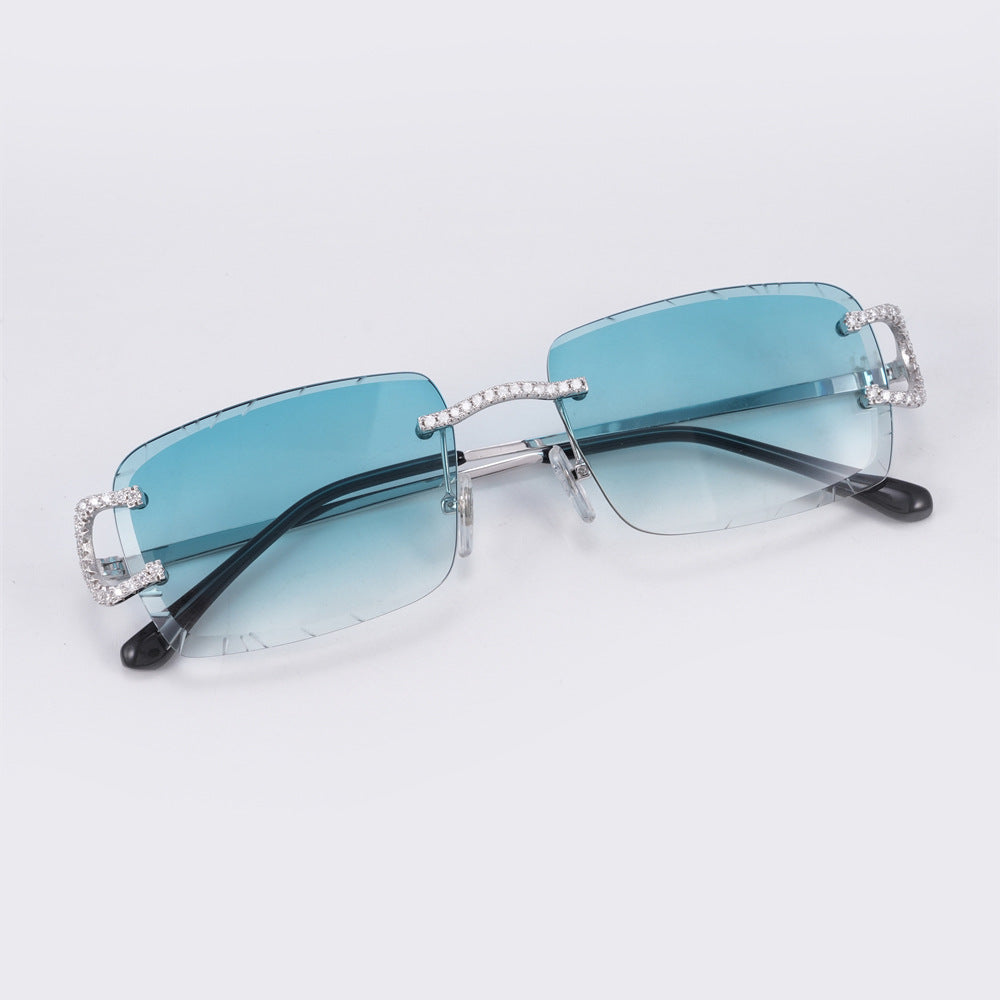 GL Hip-Hop Rimless Sunglasses VVS Moissanite Inlay Bridge & Multicolor Lenses Metal Arms