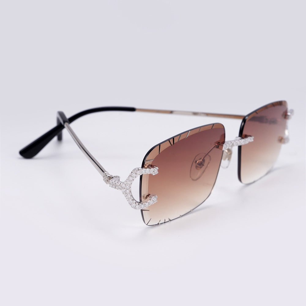 GL Hip-Hop Rimless Sunglasses VVS Moissanite Inlay Bridge & Multicolor Lenses Metal Arms