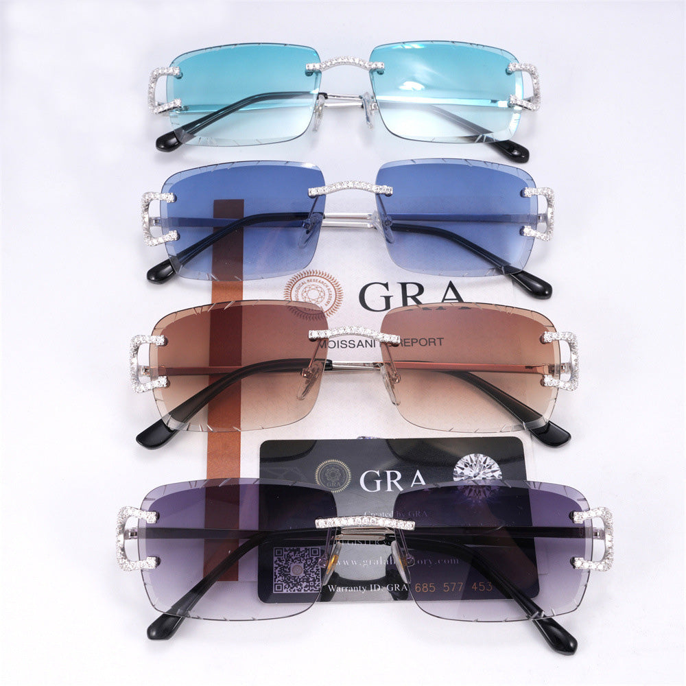 GL Hip-Hop Rimless Sunglasses VVS Moissanite Inlay Bridge & Multicolor Lenses Metal Arms