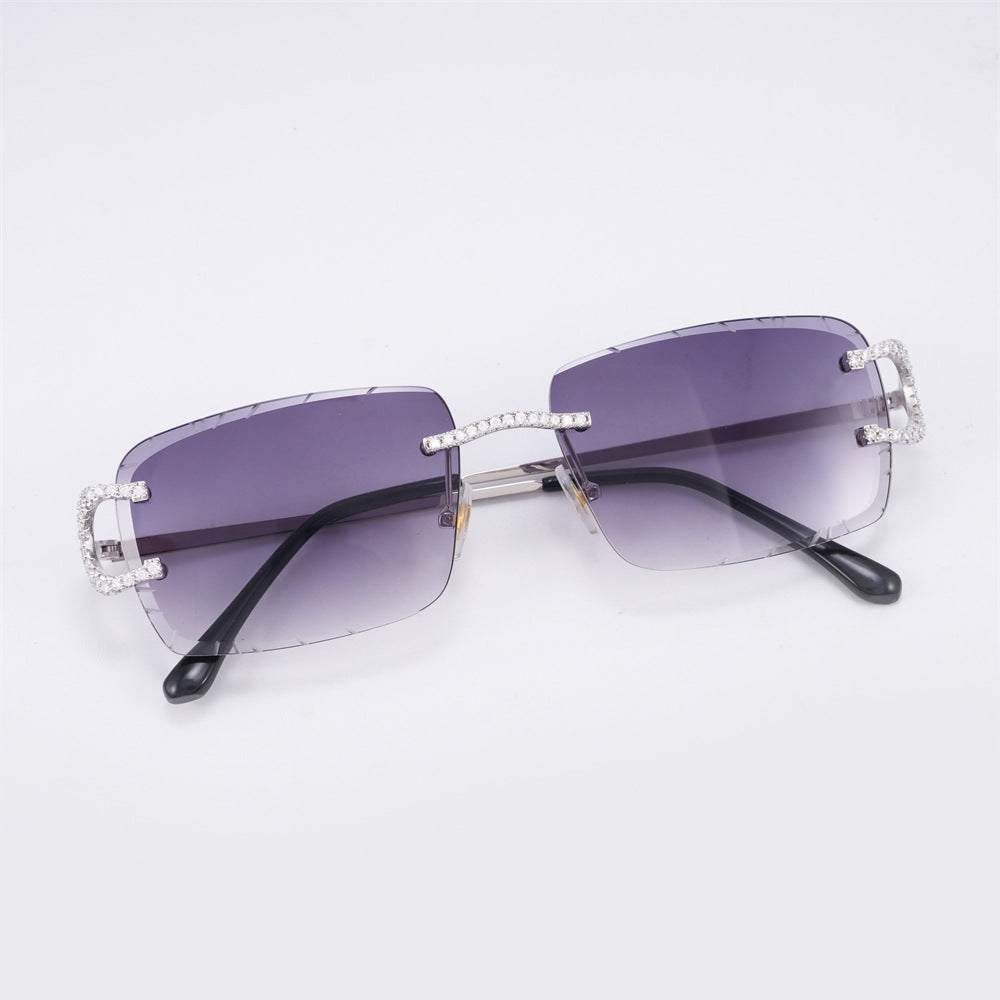 GL Hip-Hop Rimless Sunglasses VVS Moissanite Inlay Bridge & Multicolor Lenses Metal Arms