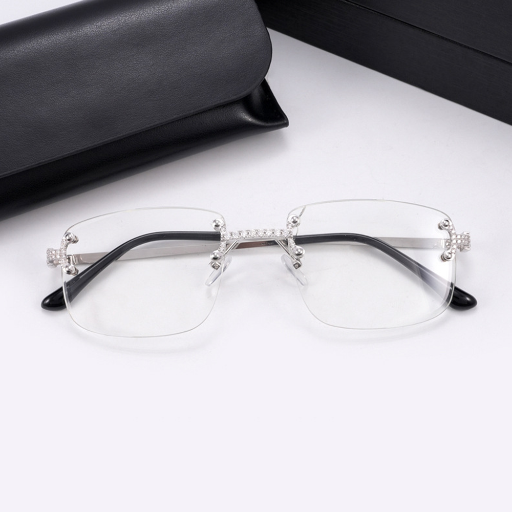 GL Hip-Hop Rimless Sunglasses H Bridge VVS Moissanite Inlay & Multicolor Lenses Metal Arms