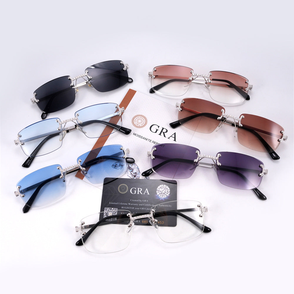 GL Hip-Hop Rimless Sunglasses H Bridge VVS Moissanite Inlay & Multicolor Lenses Metal Arms